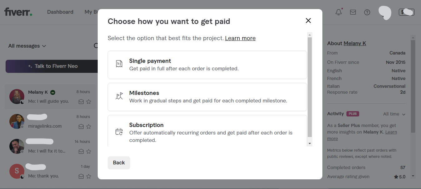 Choose Payment Method - Fiverr Custom Offer Process